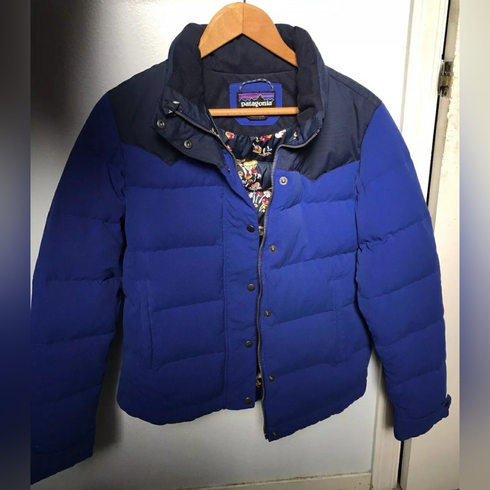 Patagonia Mushroom Print Bivy Down Puffer Jacket coat Royal Blue Women XS